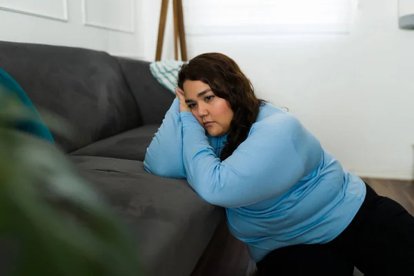 Sad Fat Woman Suffering Anxiety Depression Feeling Sad Heartbroken Living — Stock fotografie