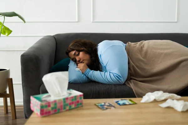 Sad Obese Woman Lying Sofa Blanket Feeling Tired Crying Looking — Stock fotografie