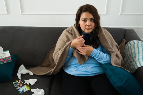 Depressed Overweight Woman Making Eye Contact While Drinking Hot Tea — Stock Photo, Image