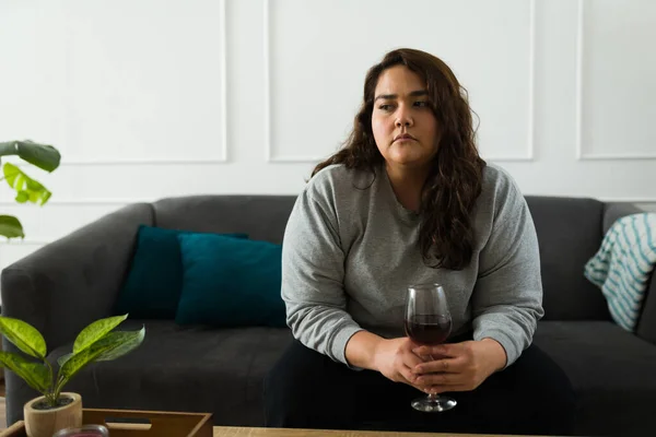 Depressed Latin Woman Looking Sad Upset While Feeling Lonely Drinking — Stock Photo, Image