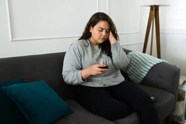 Sad Lonely Young Woman Suffering Headache Drinking Glass Wine Alone — Stock fotografie