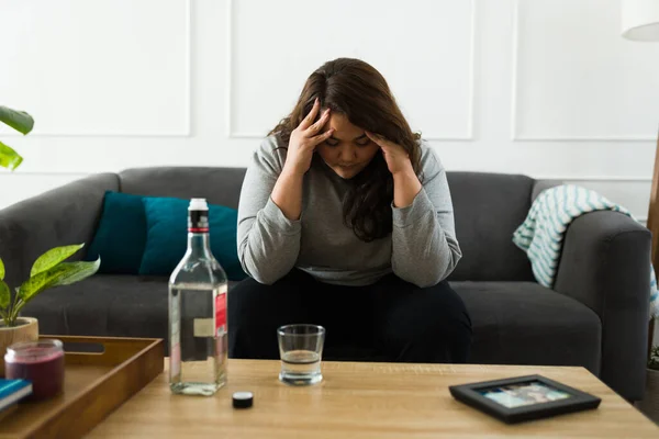 Heartbroken Obese Woman Crying Suffering Alone While Feeling Depressed Drinking — Stock Photo, Image