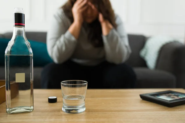 Heartbroken Sad Woman Feeling Depressed Missing Her Boyfriend Drinking Bottle — Stock Photo, Image