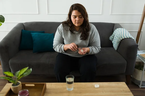 Depressed Obese Woman Taking Painkillers Suffering Substance Abuse Addiction Because — Stock Photo, Image