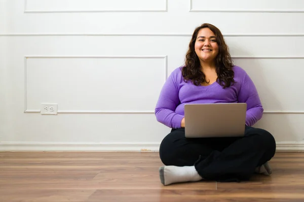 Portrait Happy Latin Woman Typing Laptop Smiling While Working Home — Foto de Stock