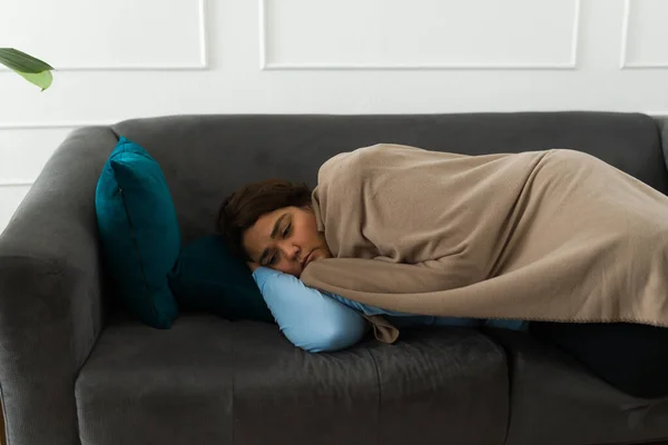 Tired Sad Woman Covered Blanket Resting Sofa Suffering Depression Alone — Stockfoto