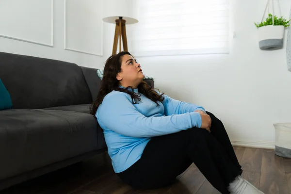 Depressed Fat Latin Woman Suffering Depression Anxiety Having Mental Health — Stock Photo, Image