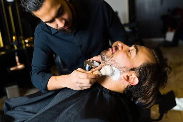 Male Barber Putting Shaving Cream Face Caucasian Customer Shaving His — Stockfoto