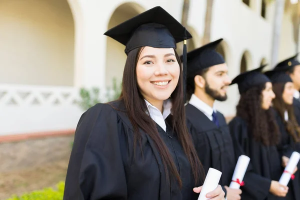 Beautiful Caucasian Woman Smiling Wearing Her Graduation Gown Cap Receiving — Fotografia de Stock