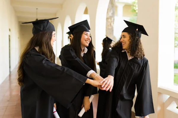 Excited Women Friends Doing High Five Laughing While Celebrating Graduating — Fotografia de Stock