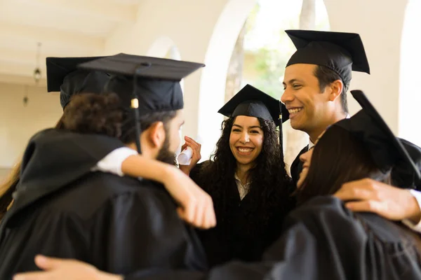Cheerful Graduates Friends Hugging Circle Laughing While Looking Excited College — Fotografia de Stock
