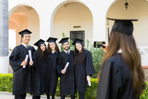 Happy Group Graduates Friends Taking Photos Pictures University Diplomas Graduation — Fotografia de Stock