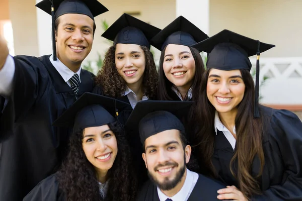 Personal Perspective Group Friends Graduates Wearing Taking Selfie Graduation Ceremony — Fotografia de Stock