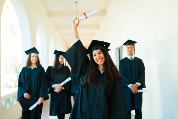 Excited Young Woman Feeling Proud Showing Her College Diploma Celebrating — Fotografia de Stock