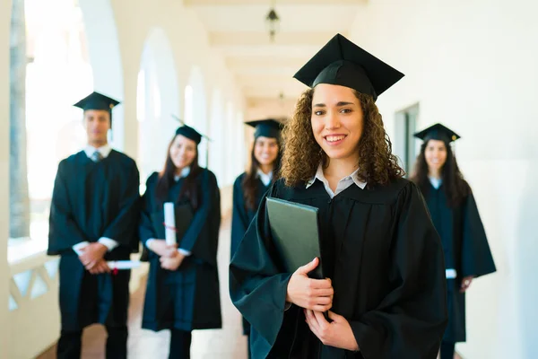 Happy Woman Graduate Feeling Proud Her Friends While Graduating University — Fotografia de Stock