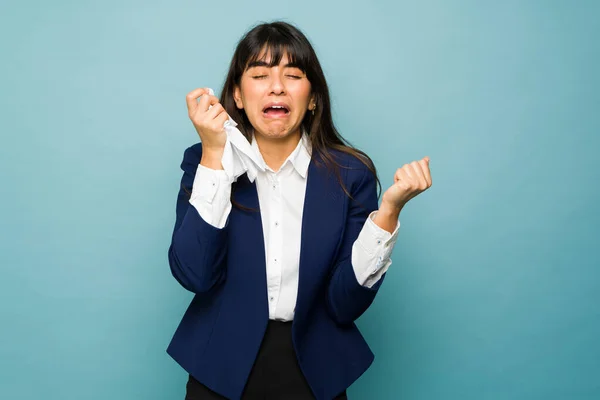 Sad Upset Businesswoman Crying Using Tissue While Feeling Depressed Work — Stock Photo, Image