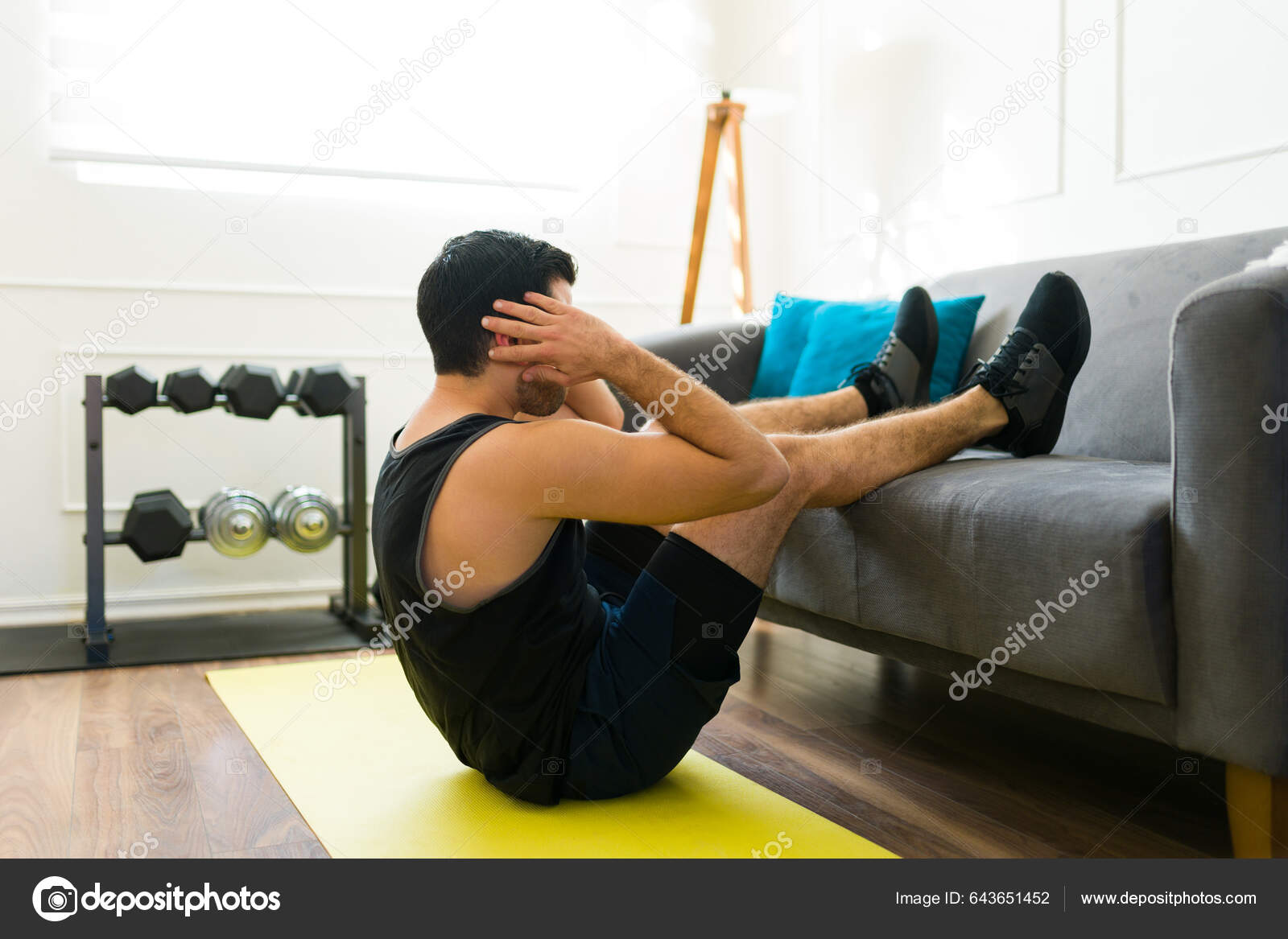 Side View Fit Young Man Working Out Home Doing Sit Stock Photo tonodiaz 643651452