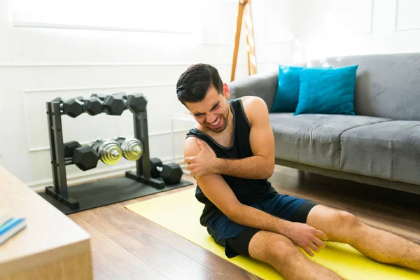 Pained Young Man Straining His Shoulder Suffering Injury Difficult Home — Stock Photo, Image