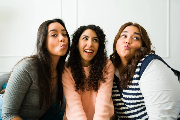 Latin Beautiful Young Women 20S Making Funny Faces Together Enjoying — Stockfoto