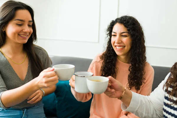 Smiling Beautiful Best Friends Saying Cheers While Drinking Coffee Tea — Zdjęcie stockowe