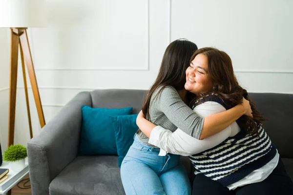 Loving Happy Women Best Friends Smiling Hugging While Sharing Friendship — Foto Stock