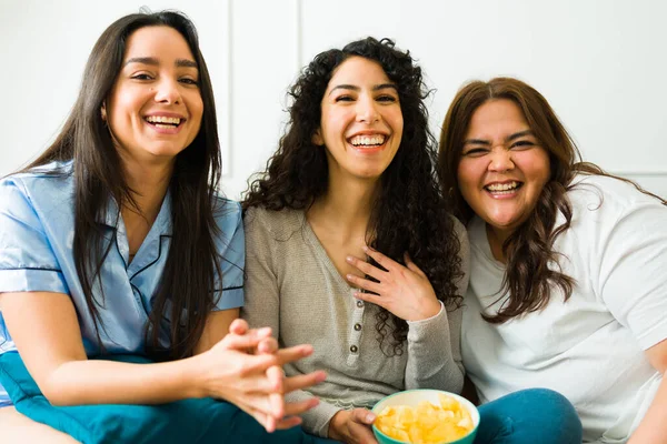 Beautiful Excited Female Friends 20S Laughing Watching Comedy Movie Having — Zdjęcie stockowe