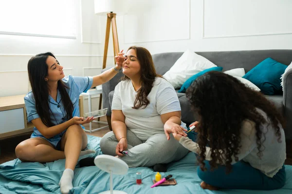 Fun Three Best Friends Putting Makeup Painting Nails Relaxing Pajamas — Stock Photo, Image