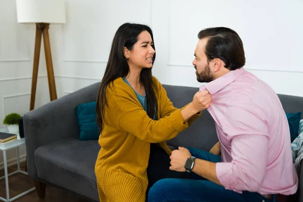 Desperate Heartbroken Woman Asking Her Husband Solve Marriage Problems While — Stock Photo, Image