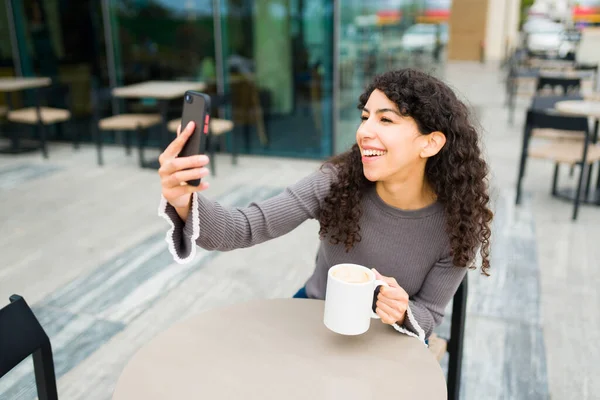 Attractive Happy Woman Smiling Looking Excited While Laughing Video Call — Stock Photo, Image