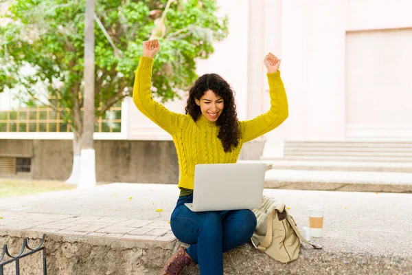 Happy Beautiful Woman Celebrating Looking Excited While Working Outdoors Her — Stock Photo, Image