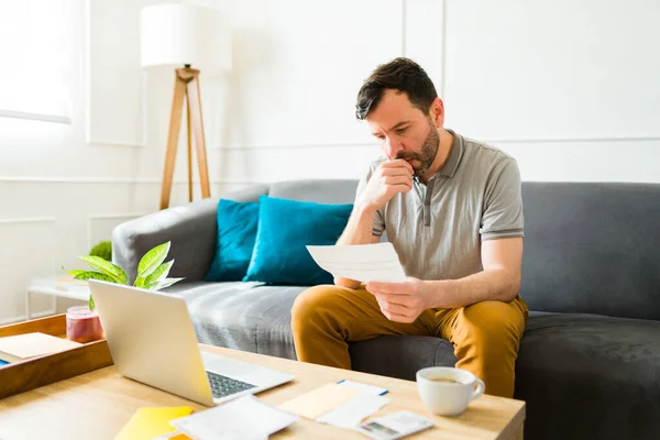 Focused Caucasian Man Looking His Finances Doing His Taxes Using — Stock Photo, Image