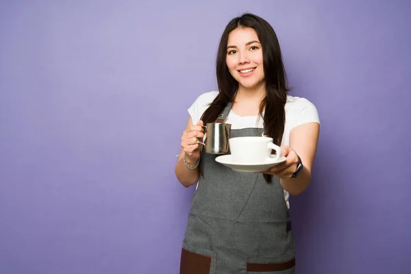 Attractive Young Woman Wearing Apron Smiling While Working Barista Serving — Stock Photo, Image