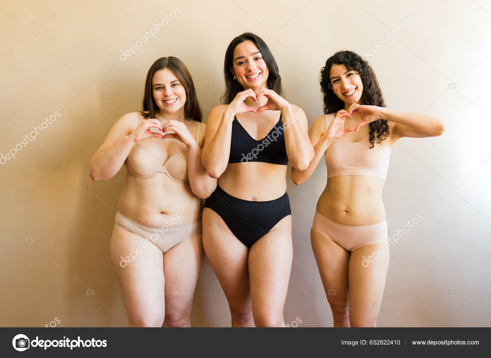 Diverse Attractive Women Underwear Doing Hearts Hands Promoting