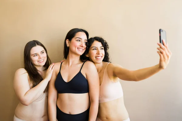 Attractive Female Friends Taking Selfie Feeling Beautiful Feminine Underwear Feeling — Stock Photo, Image