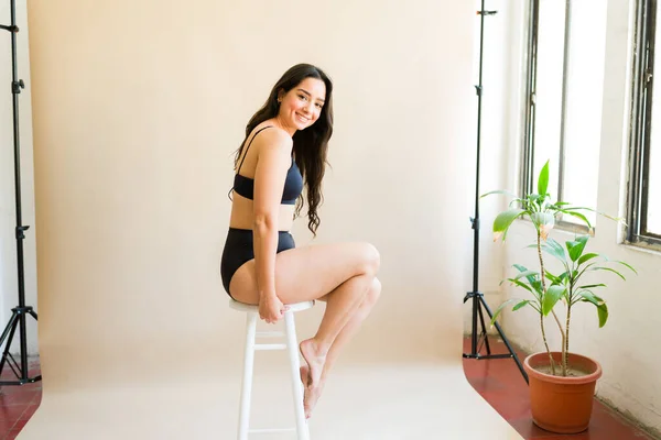 Gorgeous Young Woman Sitting Her Underwear Posing Studio Promoting Message — Stock Photo, Image