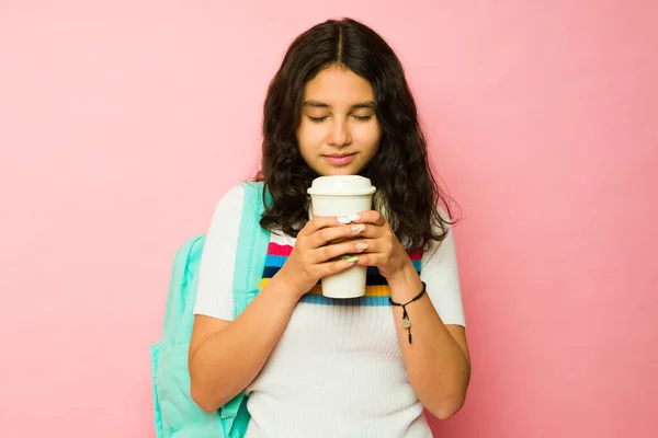 Relaxed Teenage Girl Enjoying Drinking Coffee Morning Carrying Backpack While — Stock Photo, Image