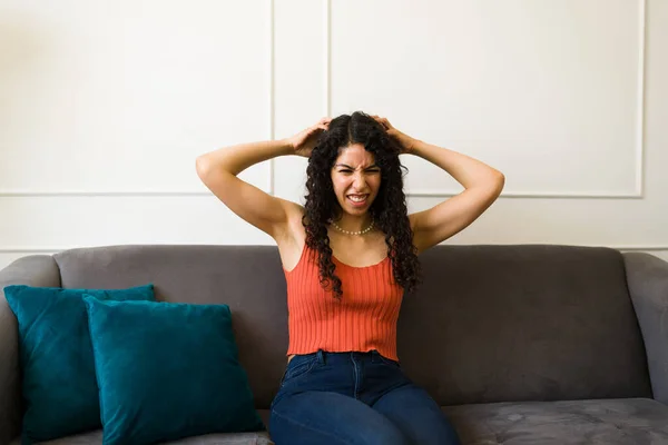 Upset Stressed Young Woman Scratching Her Curly Hair Feeling Itchy — Stock Photo, Image