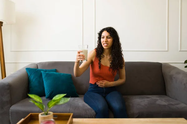 Upset Young Woman Lactose Intolerant Feeling Bloated Having Stomachache Drinking — Stock Photo, Image