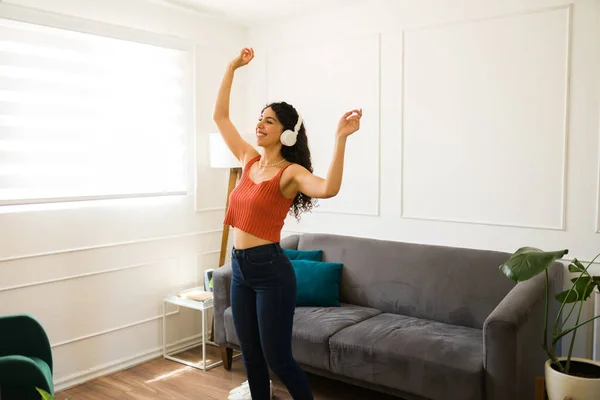 Carefree Cheerful Young Woman Listening Music Headphones Dancing Singing Her — Stock Photo, Image