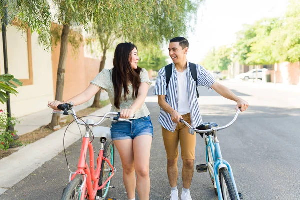 Beautiful Caucasian Girlfriend Shorts Talking His Happy Boyfriend While Taking — Stock Photo, Image