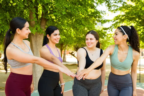 Beautiful Diverse Women Happy Body Positivity Putting Hands Together Celebrating — Stock Photo, Image