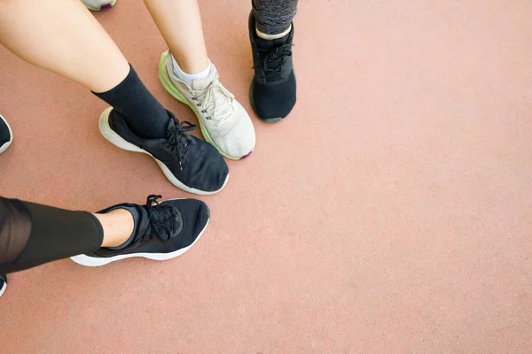 Close Women Showing Running Shoes Sneakers Preparing Run Exercise Together — Stock Photo, Image