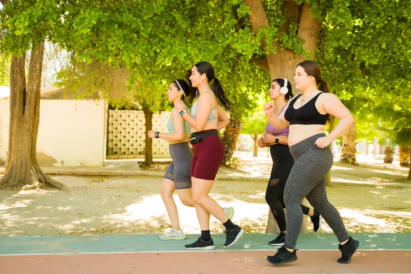 Vücut Çeşitliliğini Pozitifliğini Kutlamak Için Parkta Koşuşturan Çeşitli Aktif Kadın — Stok fotoğraf