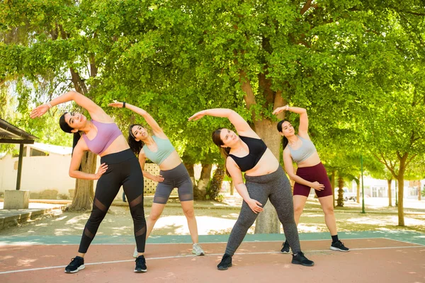 Красивые Женщины Занимаются Фитнесом Парке Растягиваются Время Тренировки Свежем Воздухе — стоковое фото