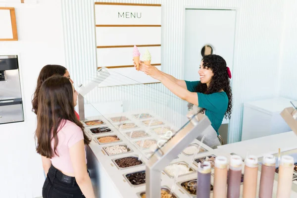 Happy Worker Smiling While Selling Delicious Ice Cream Cones Toppings — Stock Photo, Image