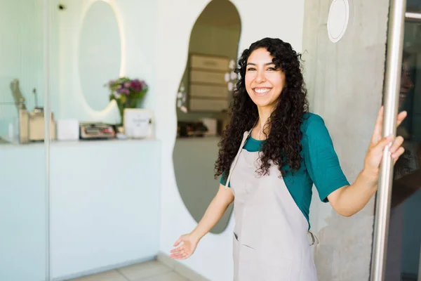 Beautiful Cheerful Young Woman Apron Business Owner Smiling While Opening — Stock Photo, Image