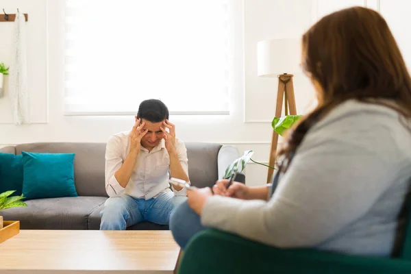 Stressed Sad Man Lot Mental Health Problems Talking Psychologist Therapist — Stock Photo, Image