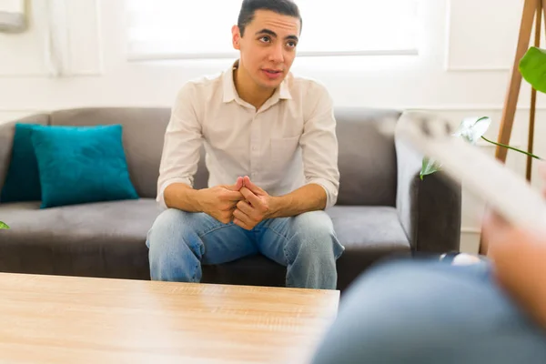 Sad Caucasian Man Suffering Anxiety Depression Talking Psychologist Getting Help — Stock Photo, Image