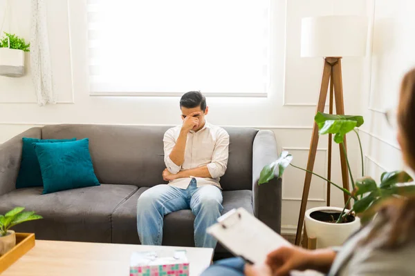 Depressed Man Patient Crying Feeling Sad While Talking His Problems — Stock Photo, Image