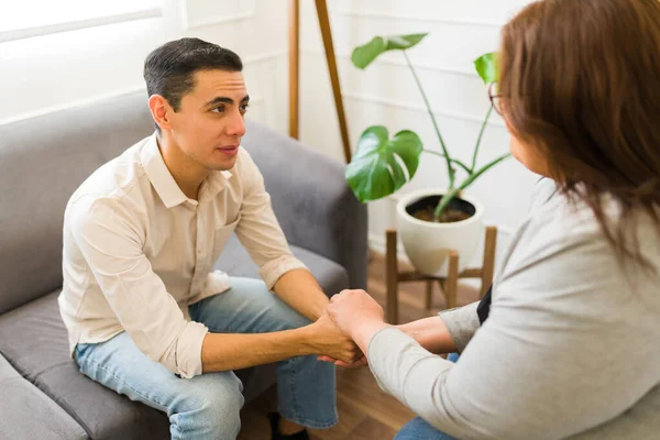 Sad Caucasian Man Holding Hands His Professional Therapist While Asking — Stock Photo, Image